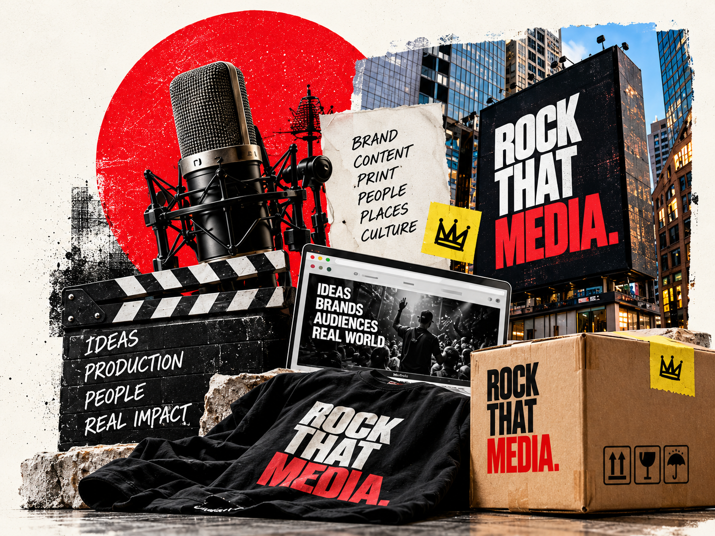 Rock That Media creative collage: microphone, billboard, film slate, website, printed apparel and shipping box