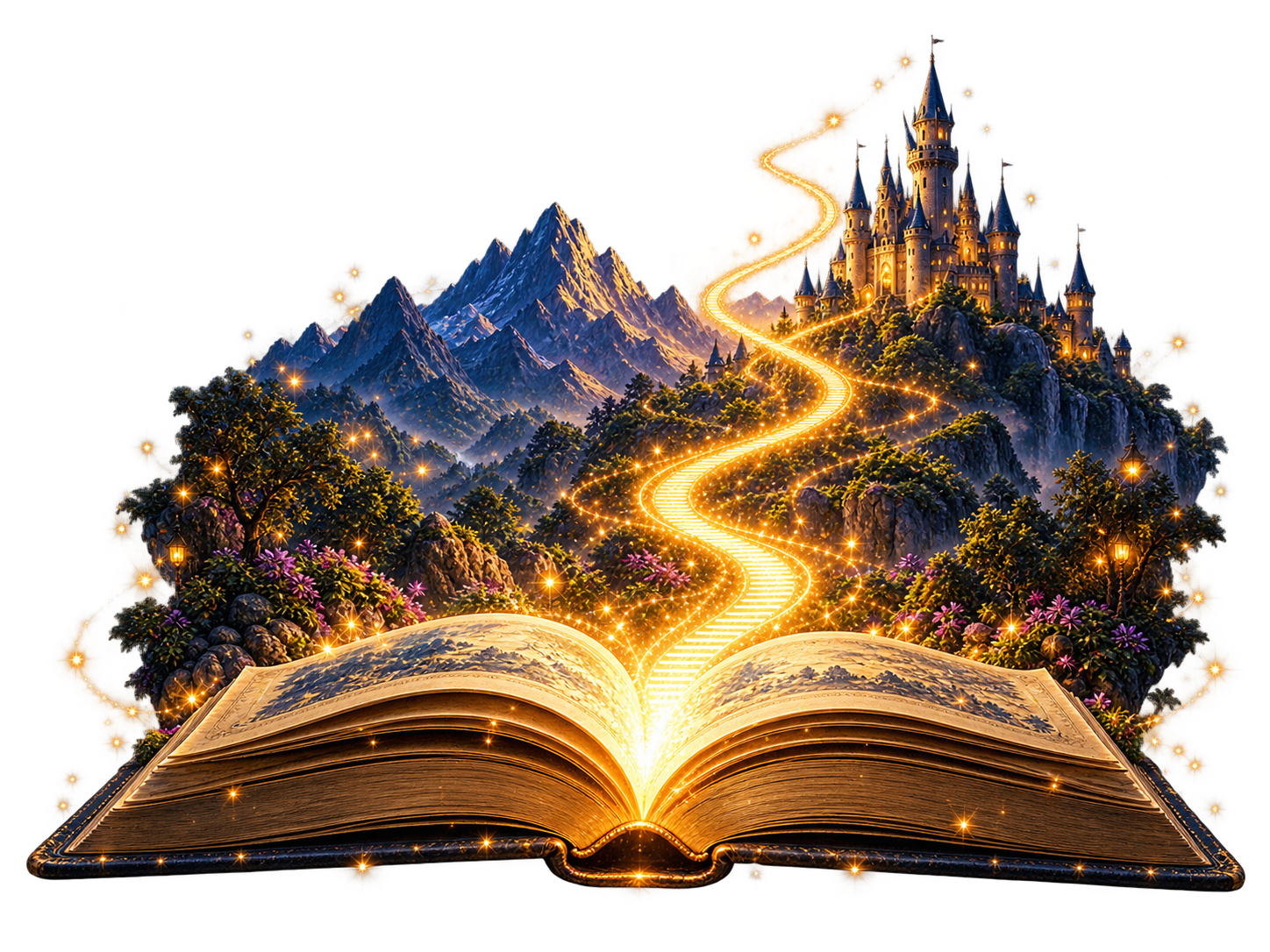 A magical castle and golden path rise from the pages of an open storybook
