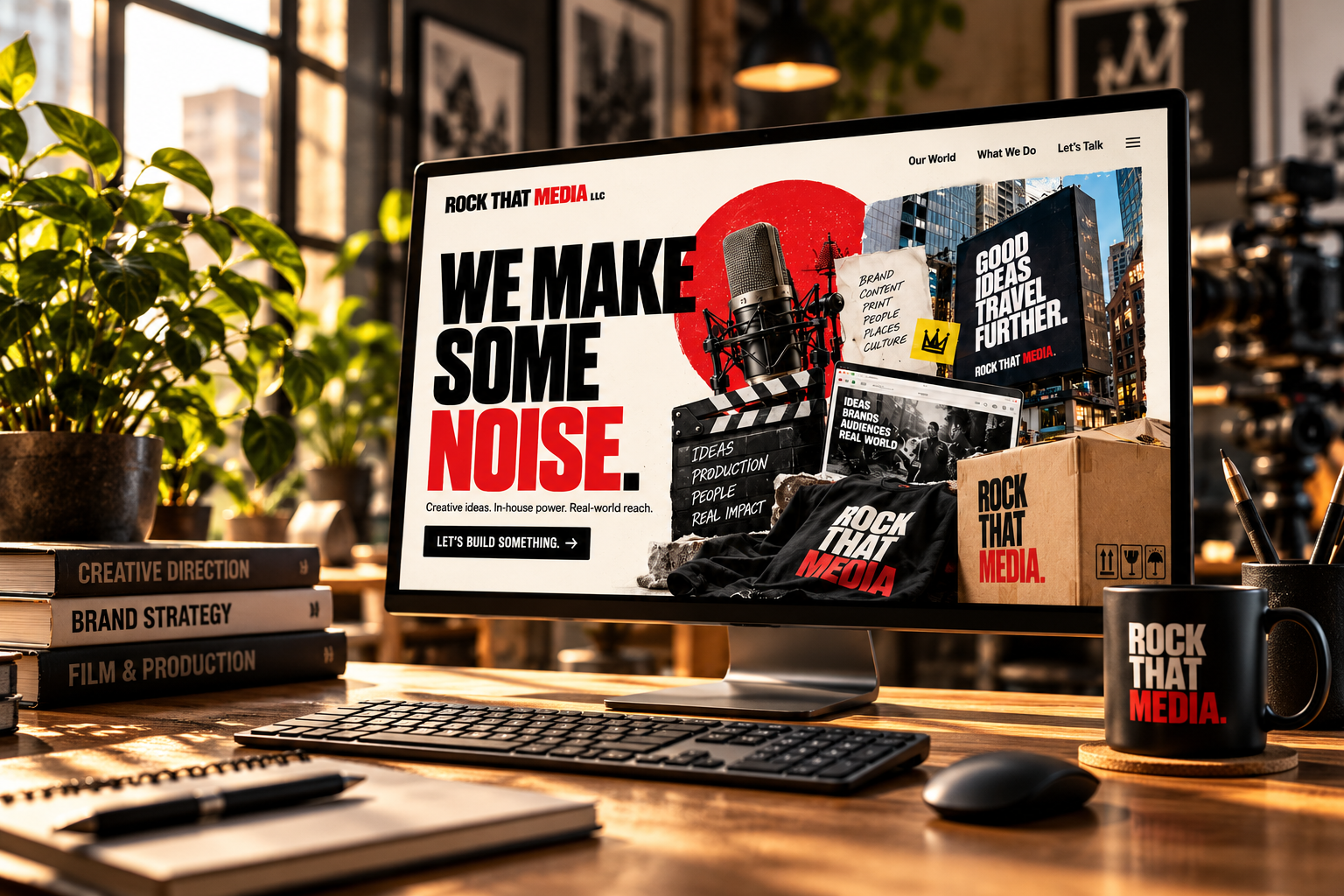 A creative studio workstation with a Rock That Media website